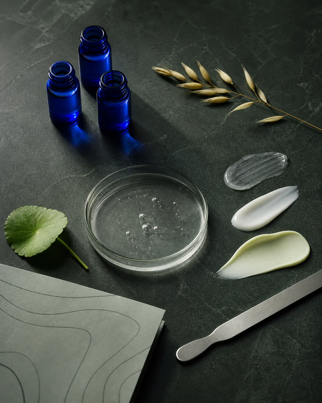 Texturas cosméticas y muestras botánicas en el laboratorio VERDA 21